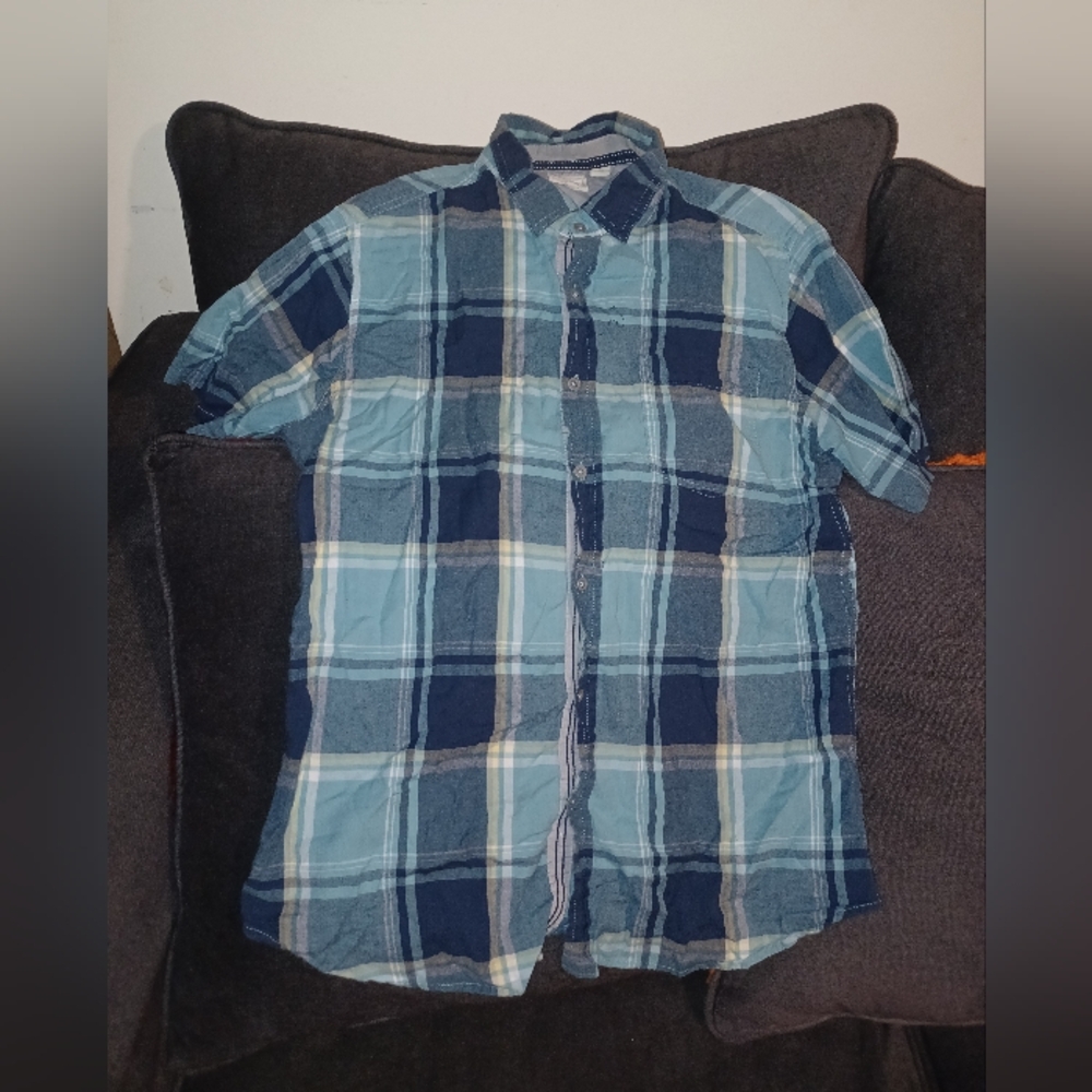 Haggar short sleeve navy teal plaid button up shirt mens sz large (070624D)